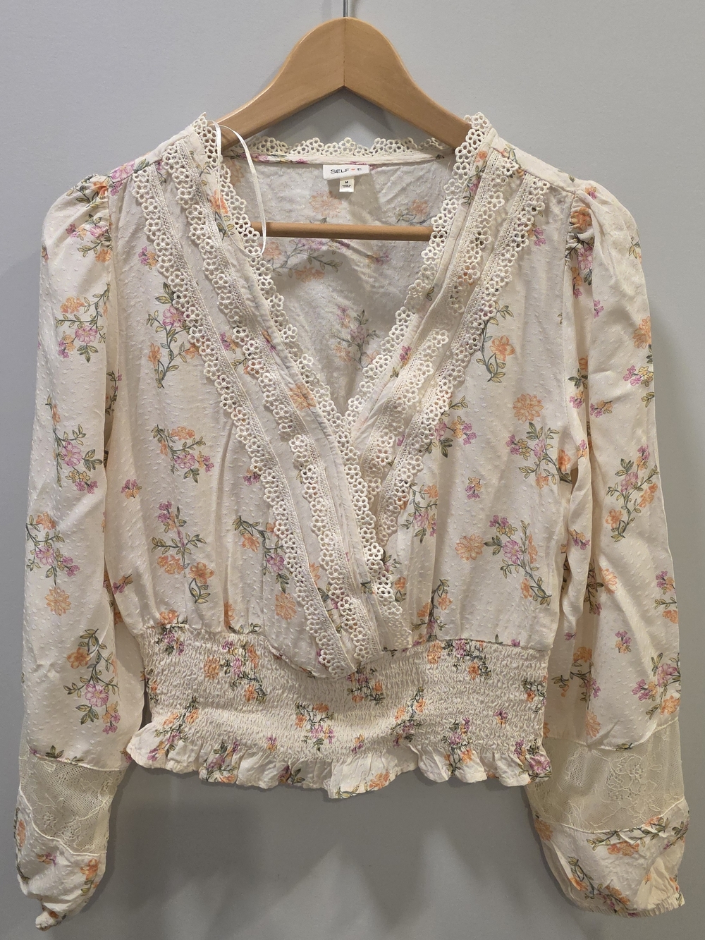 SELF•E Floral Lace Trim Smocked Blouse – Size M